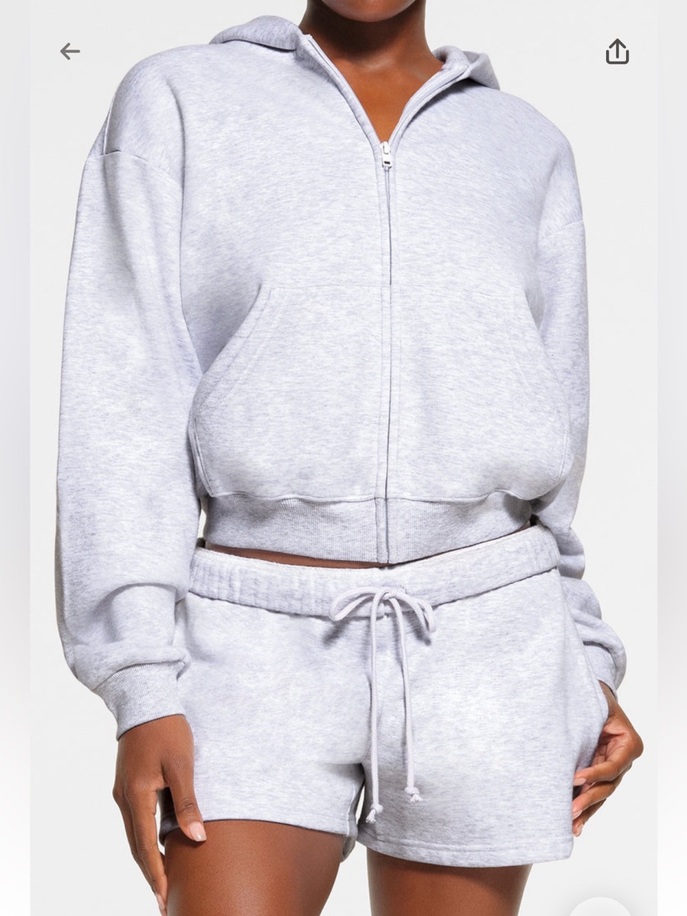 SKIMS Cotton Fleece Cropped Length Zip Up Jacket and Shorts in Light Gray